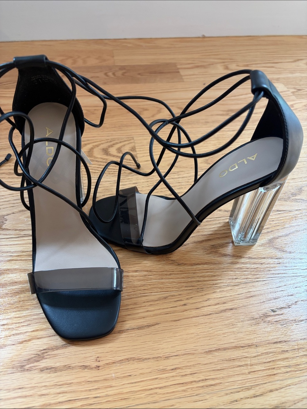 ALDO Black Lace-Up Sandals with Clear Block Heel 5 heel